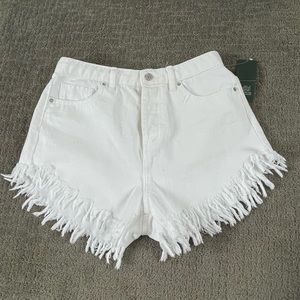 White denim fringe jean shorts